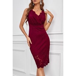 Red Lace Sleeveless Deep V Neck Bodycon Midi
Dress